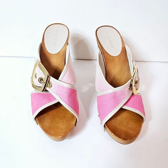 Nine West Chic 80s Inspo Studded Wooden Clog Style Sandals Size 8 Pink Ombre - Picture 2 of 10